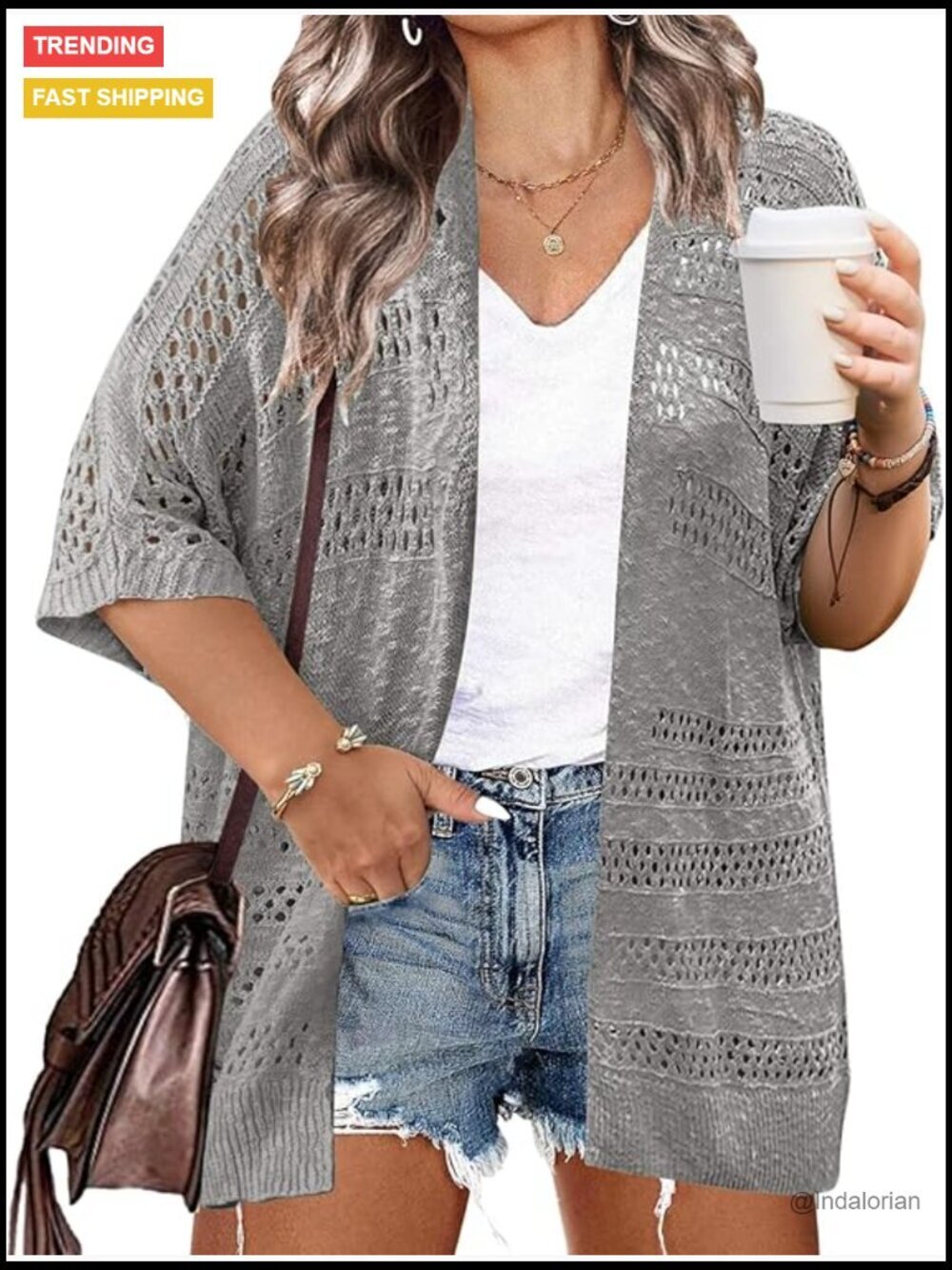 Plus Size Crochet Cardigan Short Sleeve Kimono Open Front Knit Cover Up